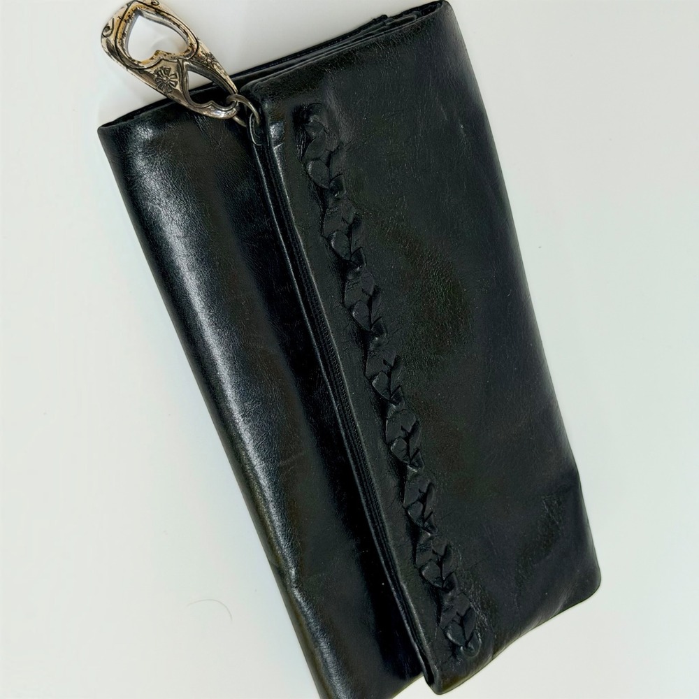 Brighton Black Leather Trifold Wallet Braided Heart Charm Silver Hardware Used
